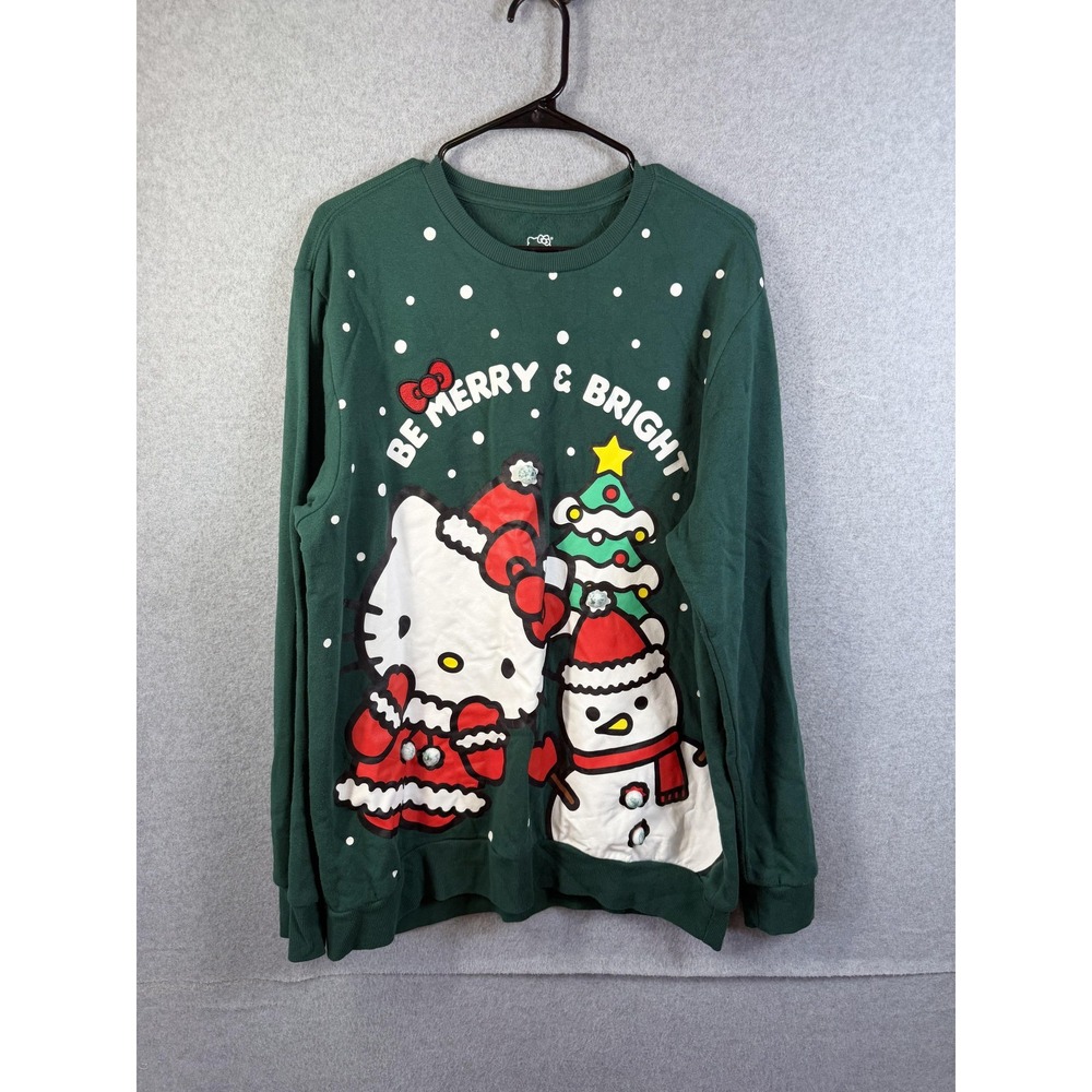 Hello Kitty Sweatshirt Womens XL Green Christmas Be Merry & Bright Fleece